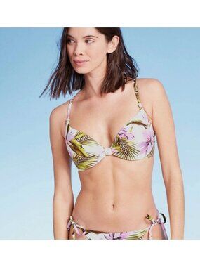 Womens Lightly Lined Textured Bikini Top By Shade & Shore Floral 34DD